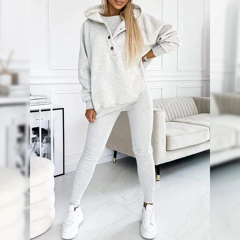 Casual Snap Buttoned Hoodie And Legging Three Piece Set-My Comfy Blouse