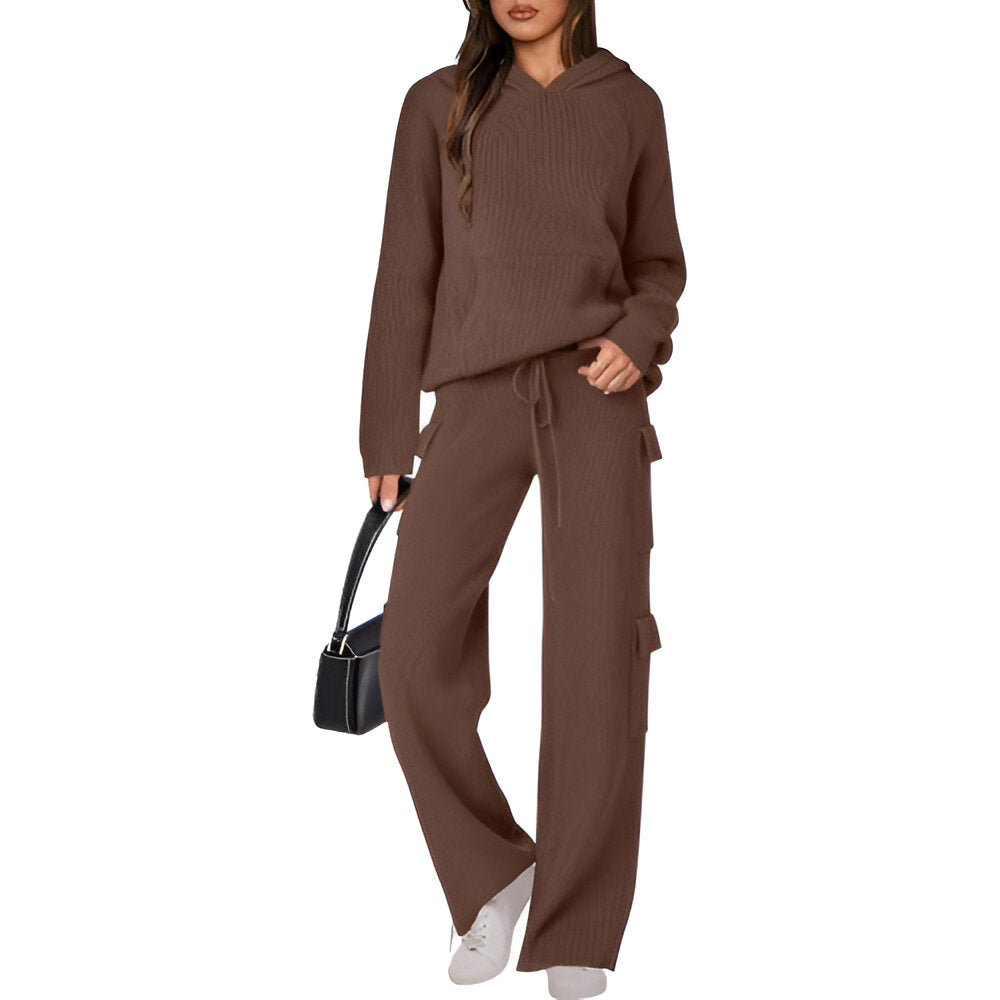 Casual Knit Hooded Top And Pants Set-My Comfy Blouse