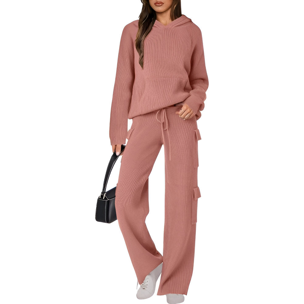 Casual Knit Hooded Top And Pants Set-My Comfy Blouse