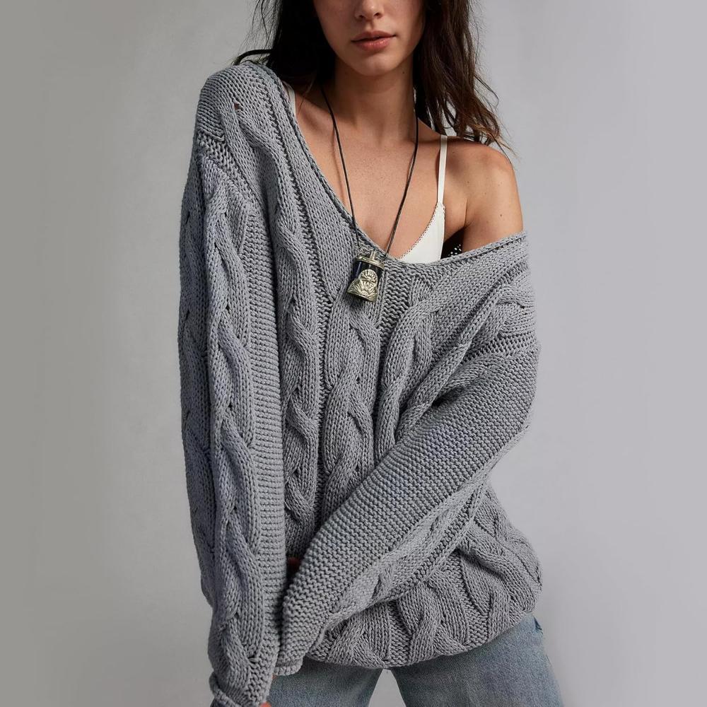 Oversized Cable Knit Pullover With Textured Design-My Comfy Blouse