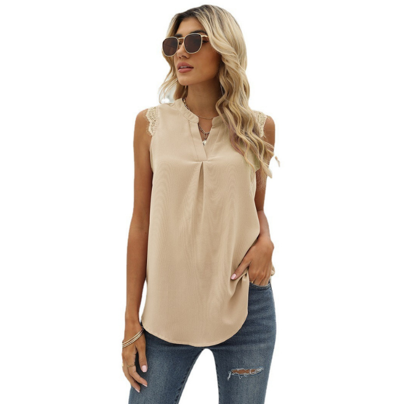 Lace Cap Sleeves V Neck Blouse-My Comfy Blouse