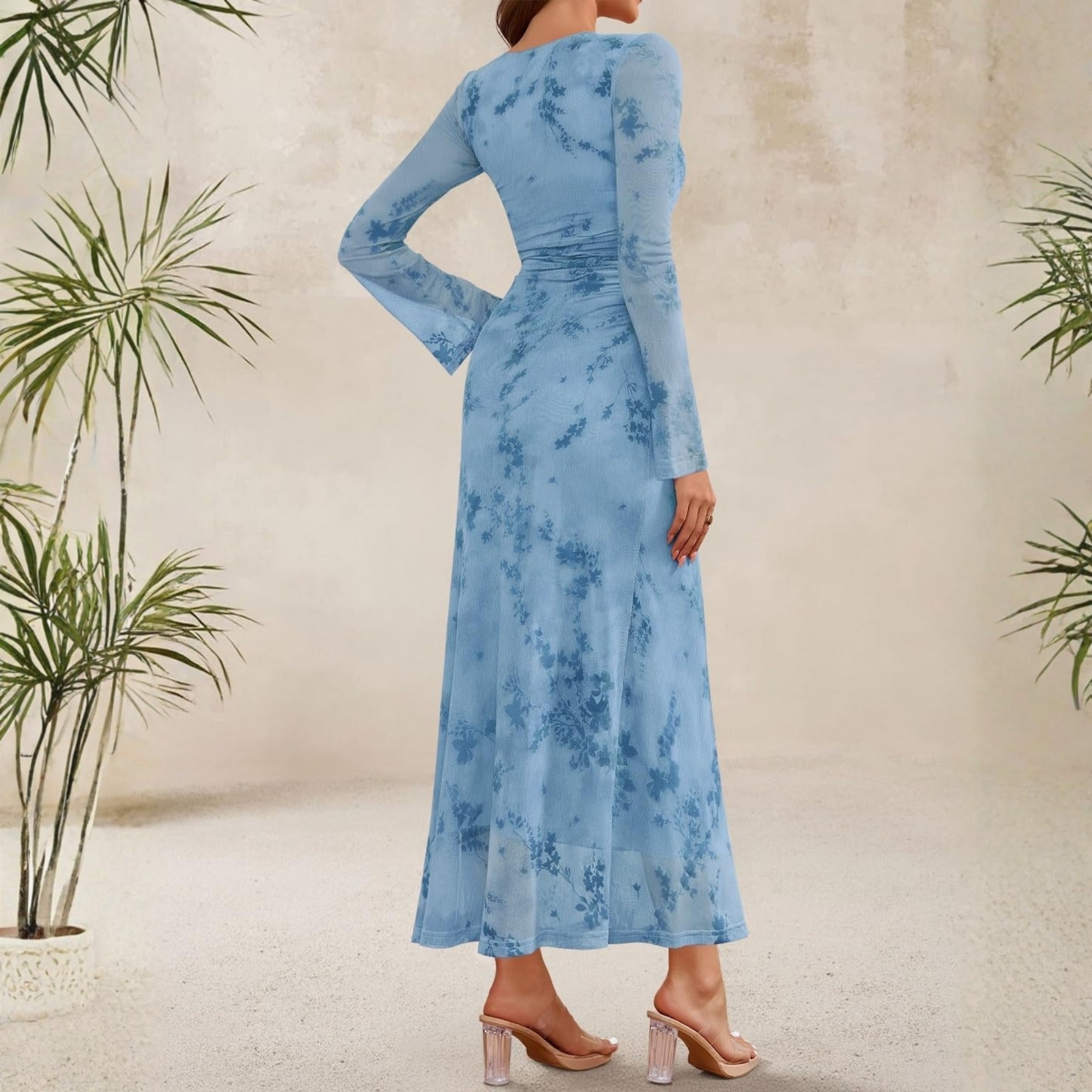 Spring Fall Floral Ruched Mesh Maxi Dress