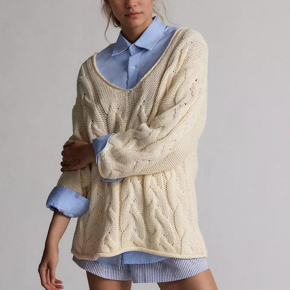 Oversized Cable Knit Pullover With Textured Design-My Comfy Blouse