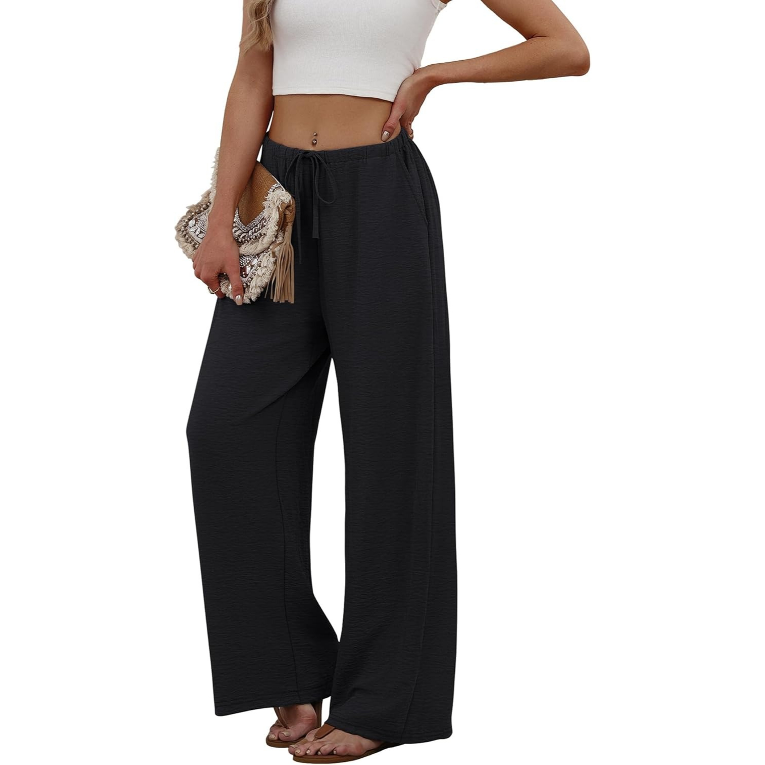 Wide Pants for Women Flowy Palazzo Drawstring Elastic Trousers with Pockets Summer Beach Vacation Clothes