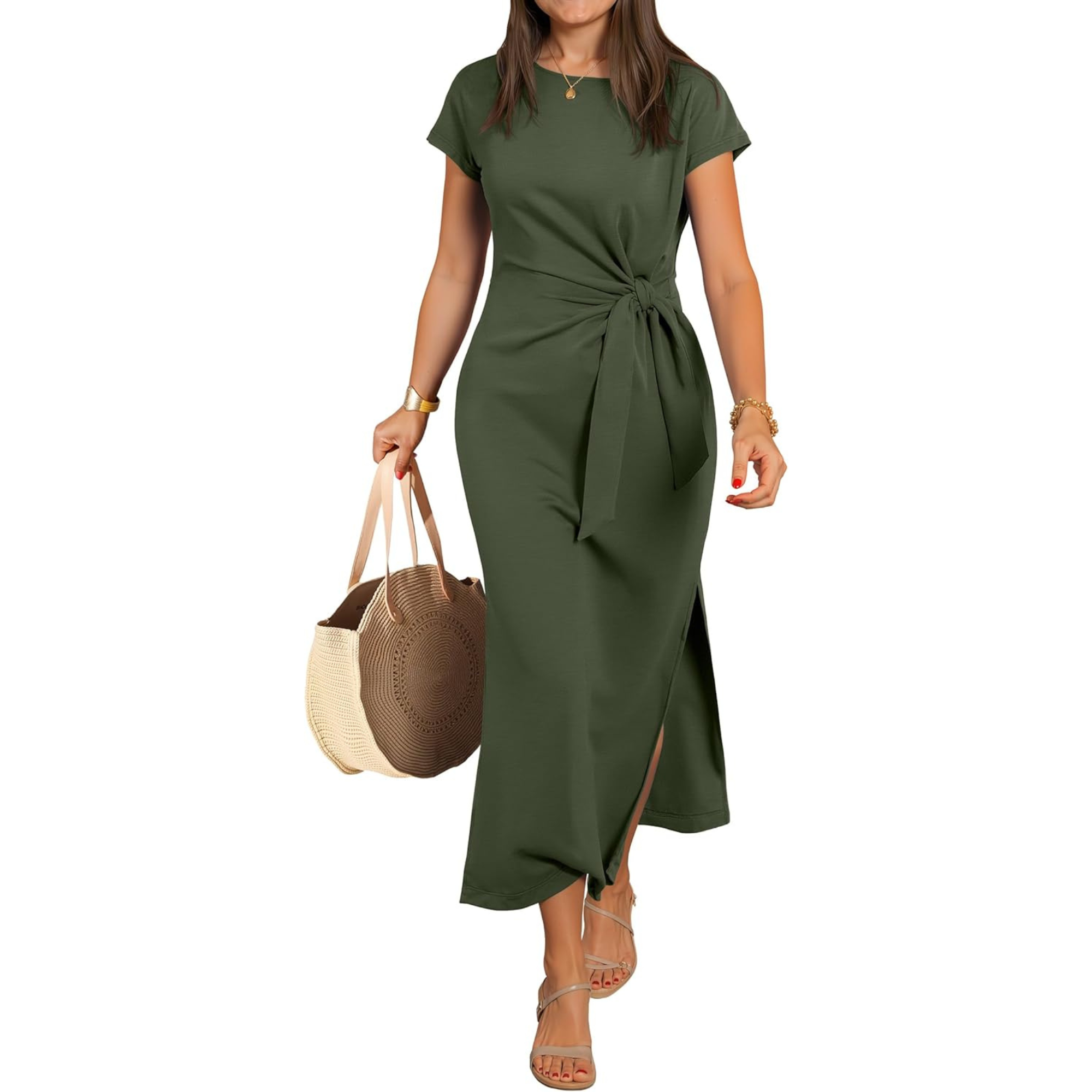 Women Summer Long Dress with Tie Waist and Side Split