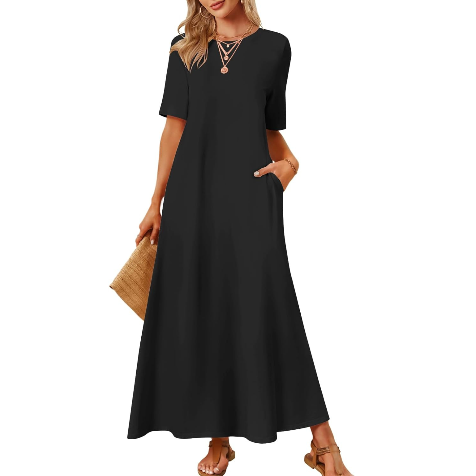 Women Summer Vacation Maxi T Shirt Dress With Pockets
