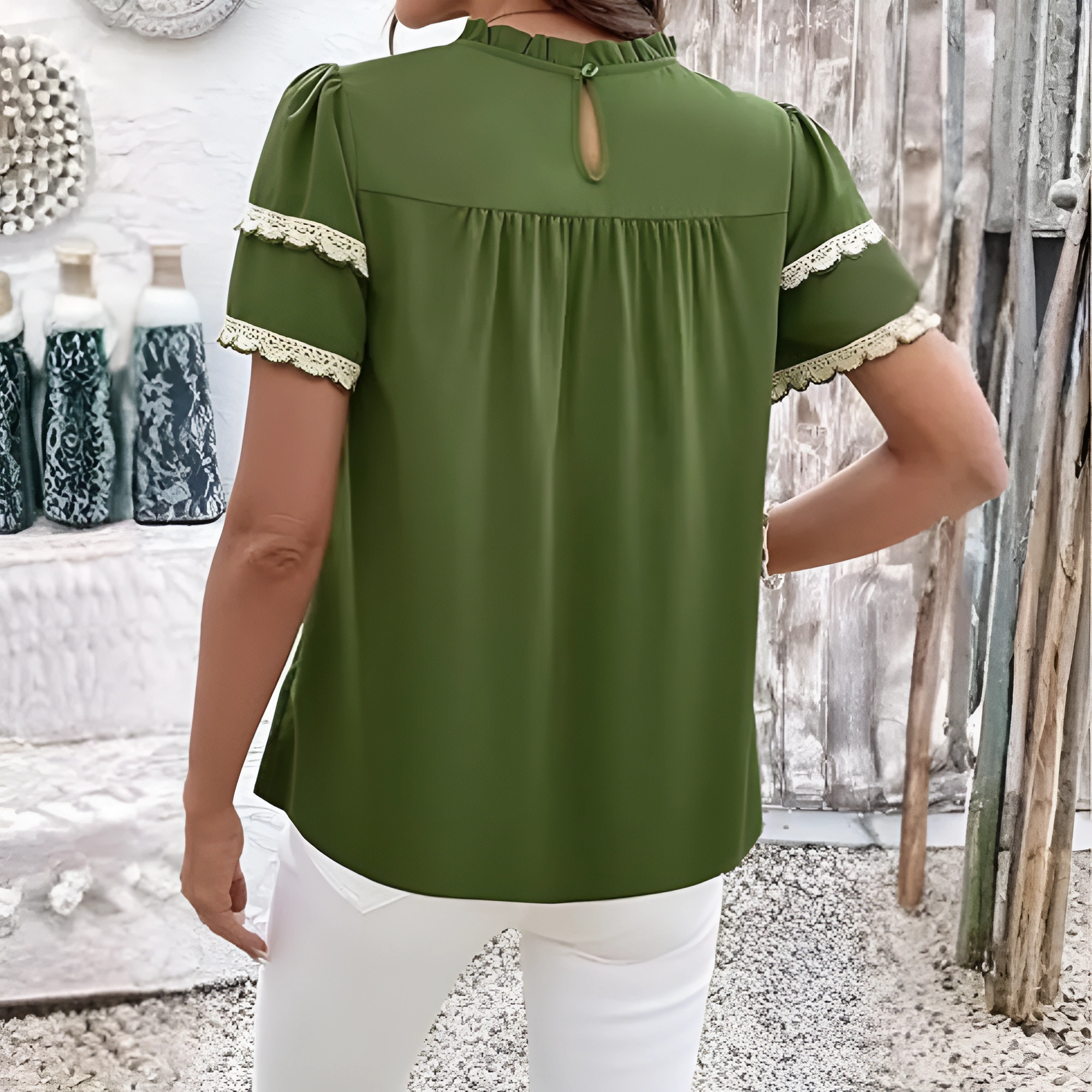 Women Summer Tops Crewneck Ruffle Short Sleeve Casual Pleated Blouses