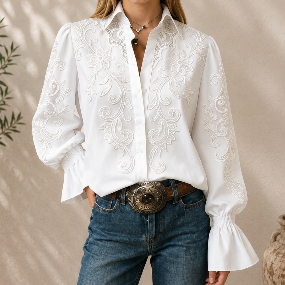 Floral Embroidery Blouse Ruffled Boho Shirt Long Sleeve With Cuff And Button