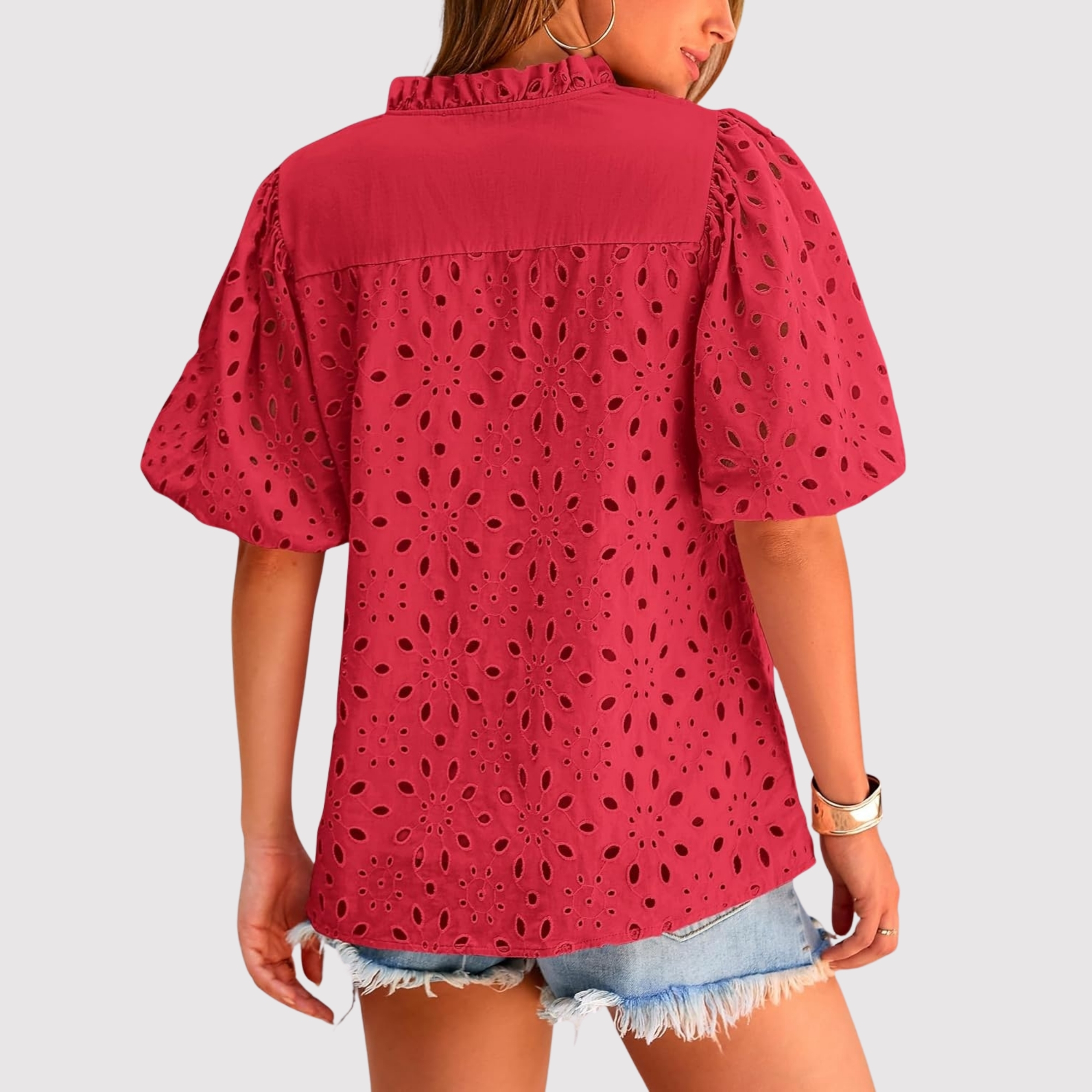 Eyelet Embroidery Sleeve Button Front Style Puff Top 