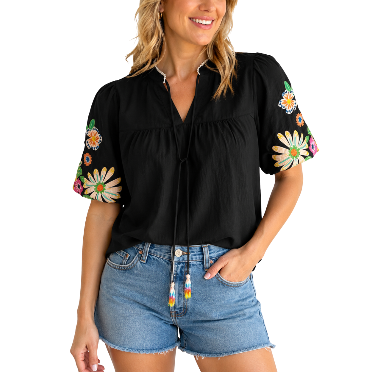 Casual Embroidered Tops V Floral Short Puff Sleeve 