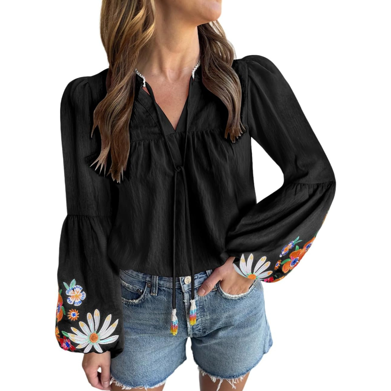 Embroidered Tops Floral Short Puff Sleeve Casual Top