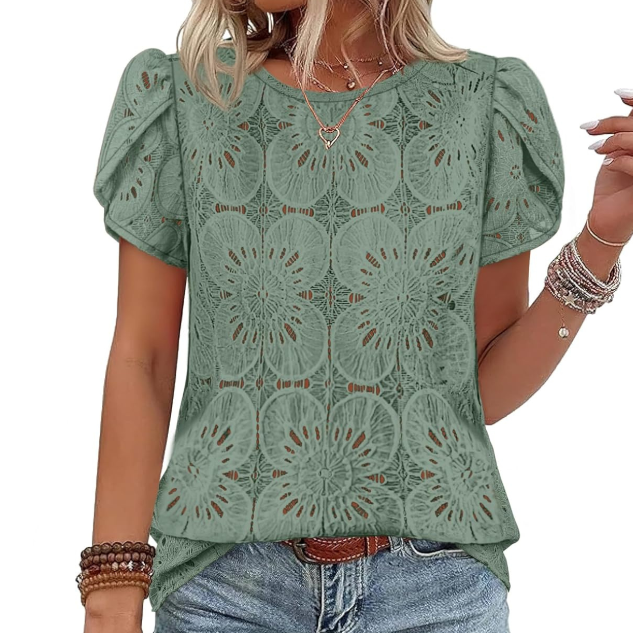 Casual Crochet Petal Short Sleeve Shirt Blouse For Women