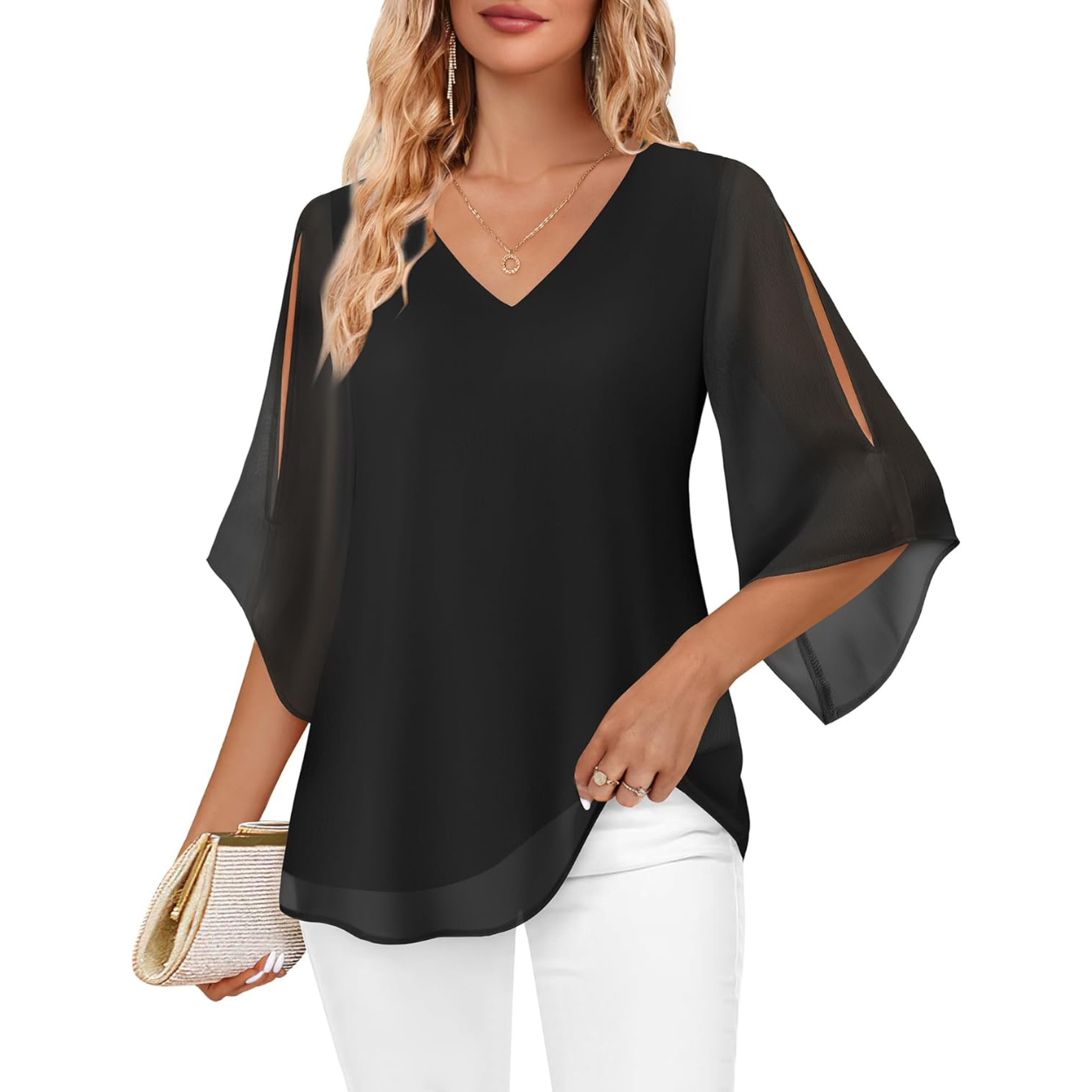 Ruffle Chiffon Sleeve Double Layers Tunic Tops