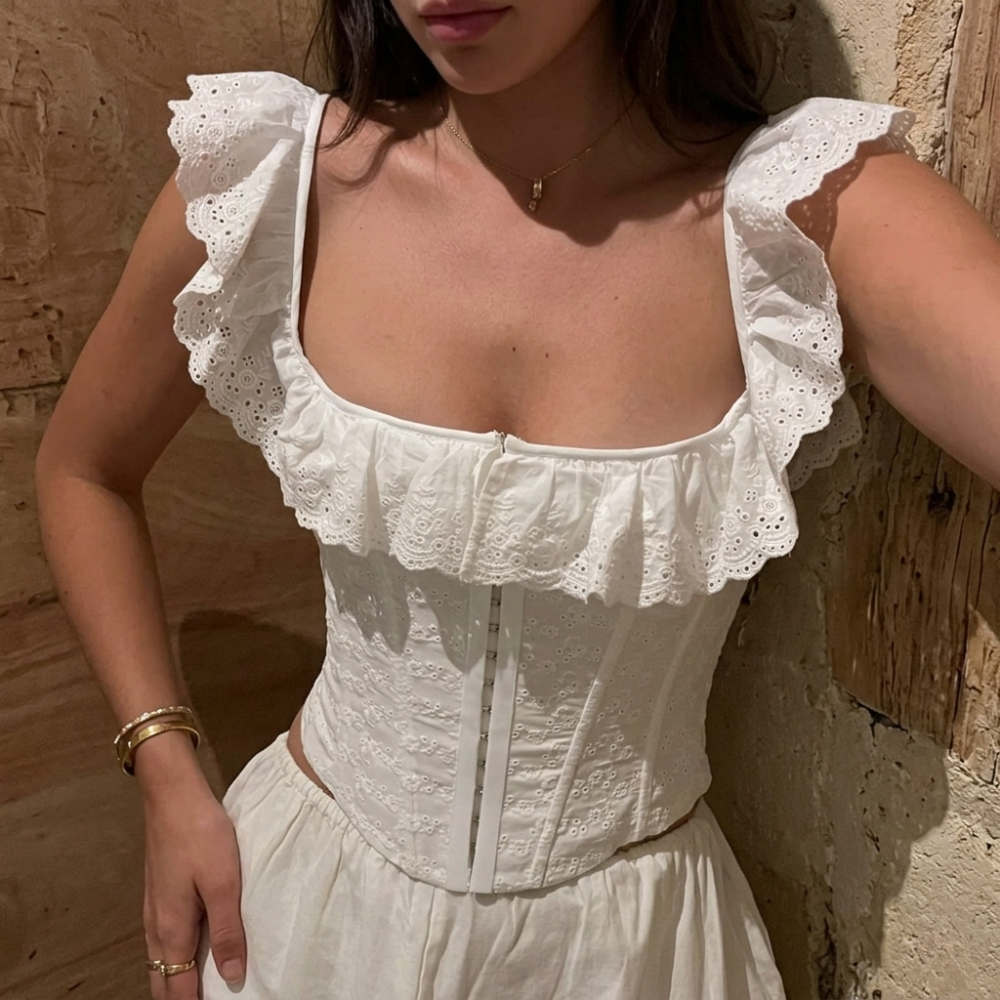 Adjustable Corset Blouse With Embroidery Lace Details For Women