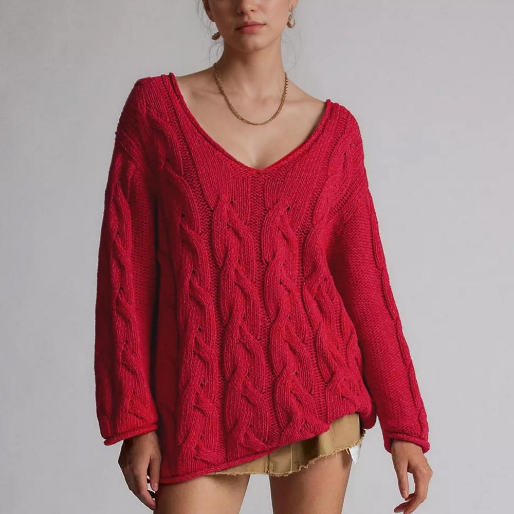 Oversized Cable Knit Pullover With Textured Design-My Comfy Blouse