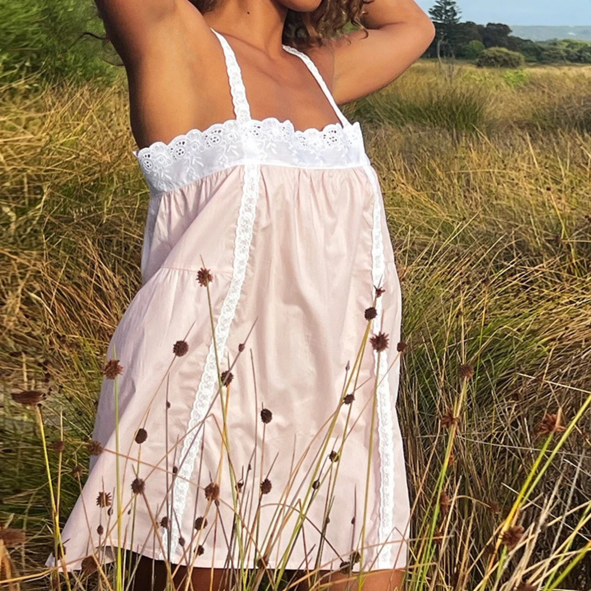 Lace Trim Mini Ruffle Flowy Dress With Spaghetti Strap For Women