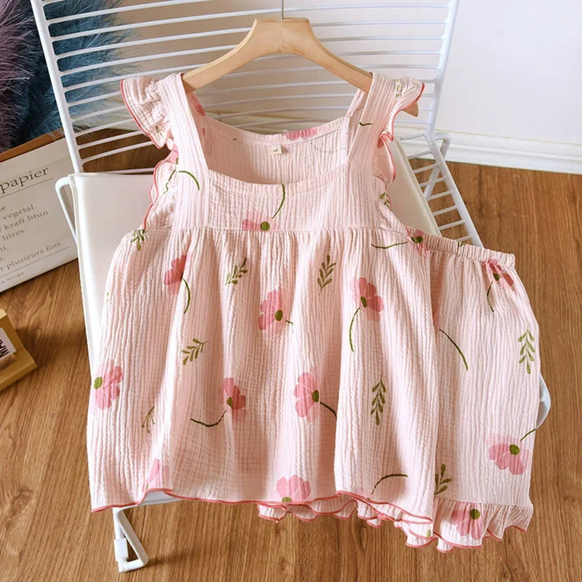 2 Piece Pajama Set With Checked Design And Ruffle Sleeves For Women