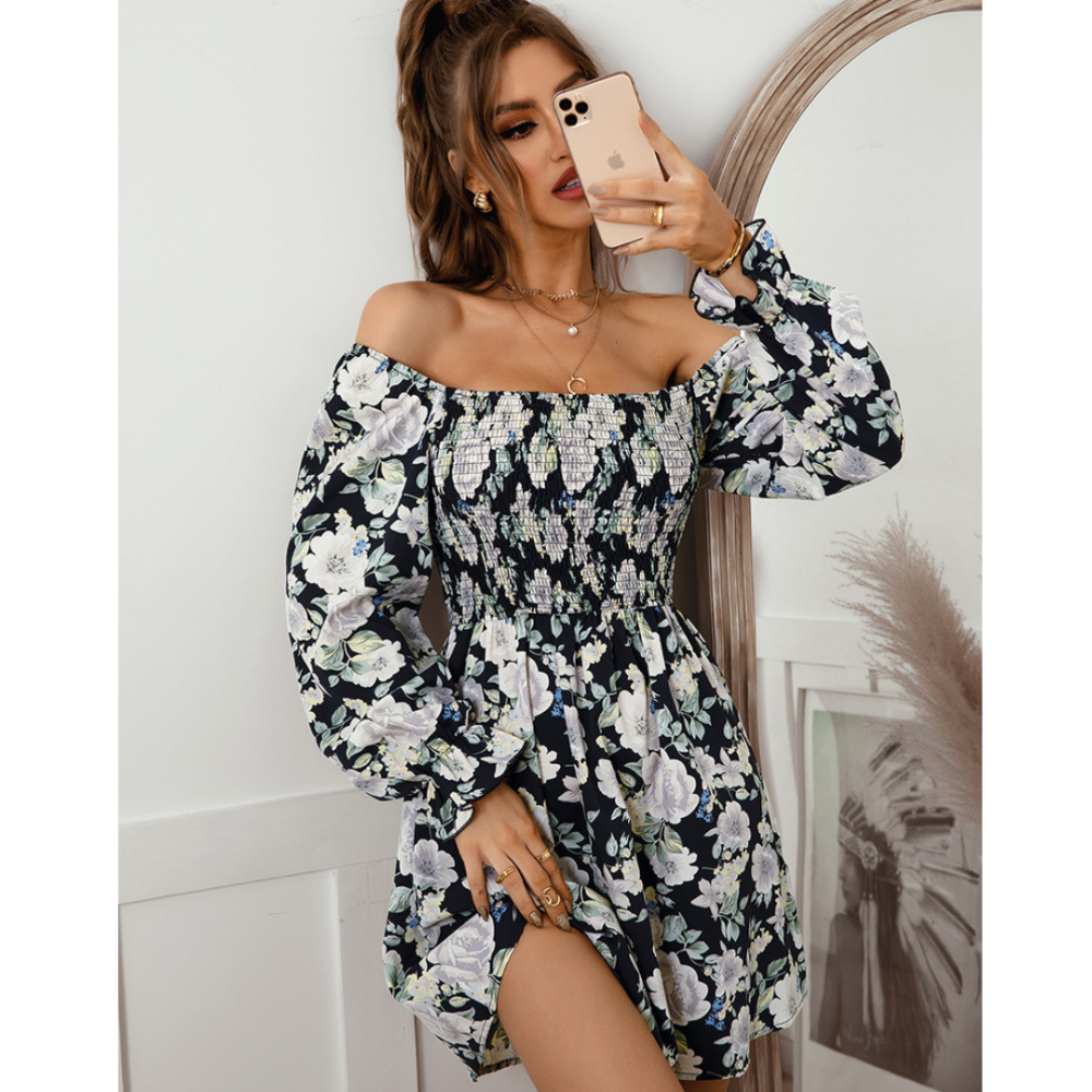 Floral Print Shirred Flounce Sleeve Dress-My Comfy Blouse