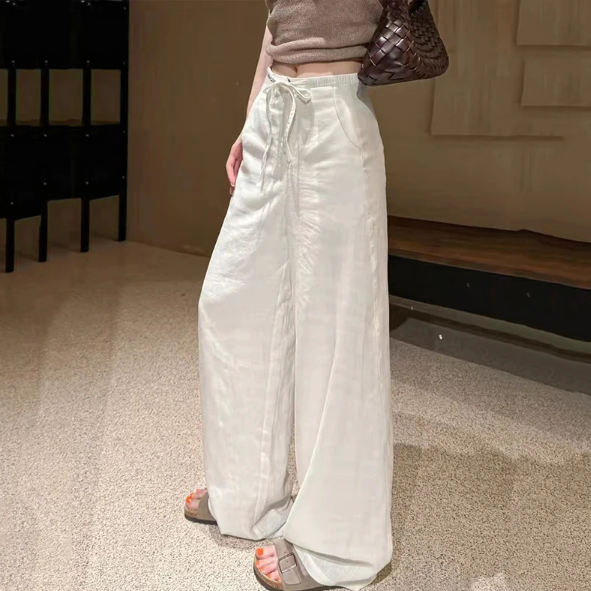 Wide High Rise Straight Fit Casual Trousers For Women 