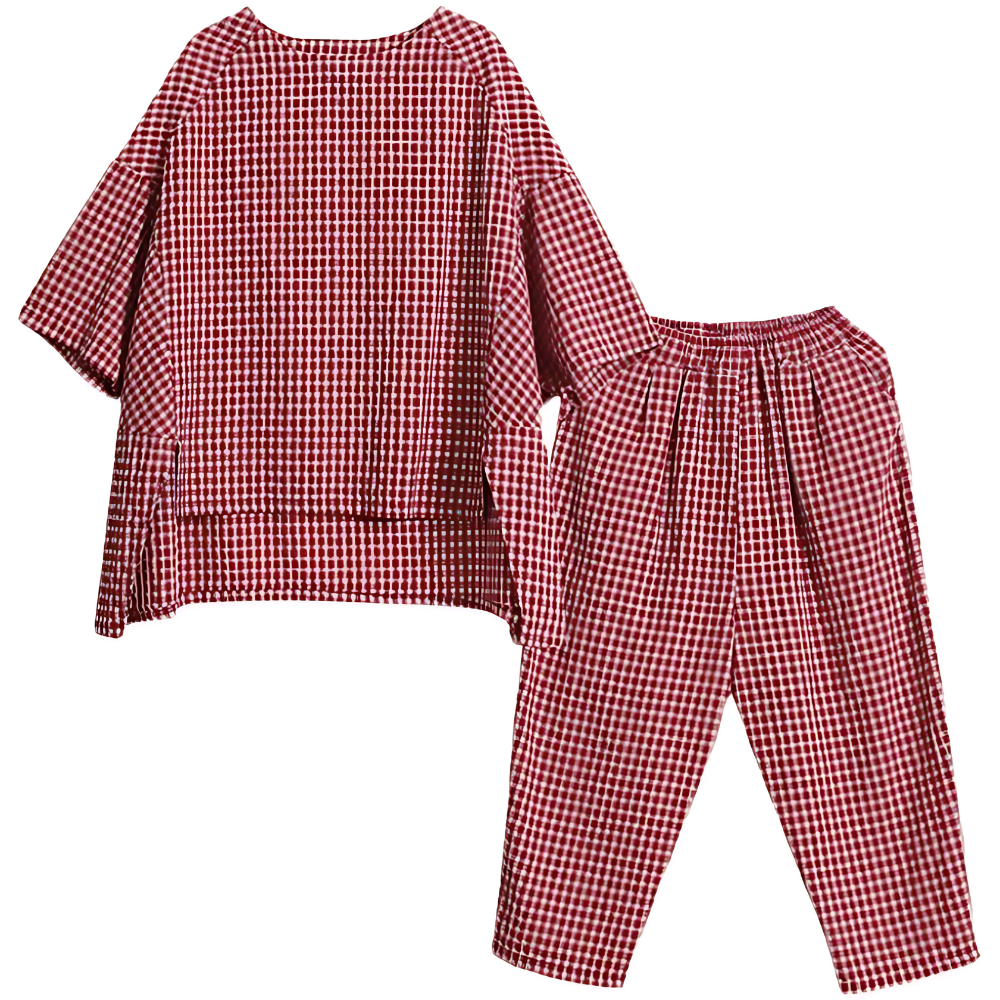 Womens Gingham Loose Fit Loungewear Set-My Comfy Blouse