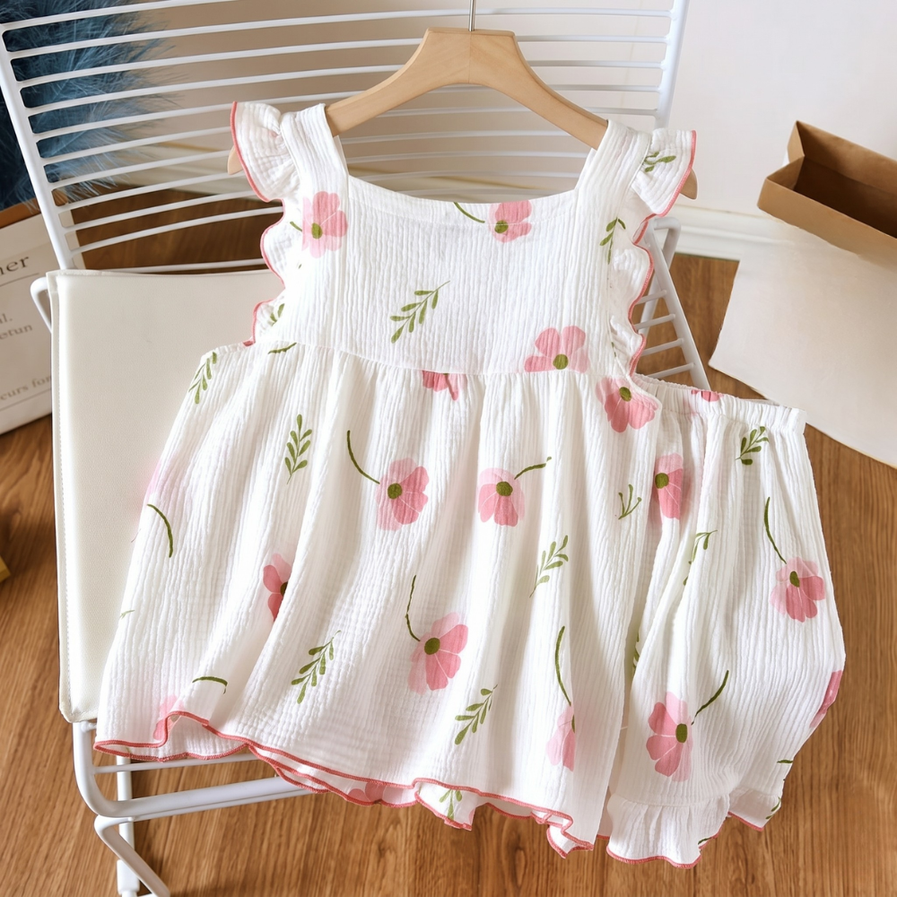 2 Piece Of Sleeveless Printed Tank Top And Shorts Pajama Set With Ruffle Trim