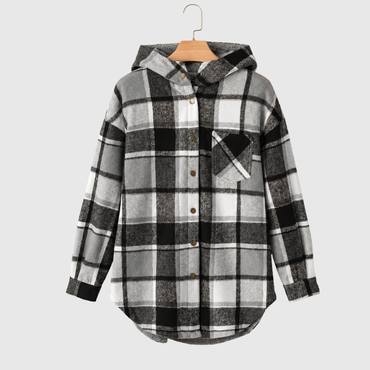 Casual Button Down Plaid Fleece Jacket With Hood For Women