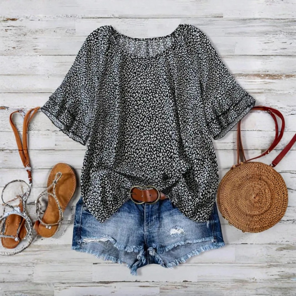 All Over Print Ruffle Layered Short Sleeve Woven Blouse Top For Women