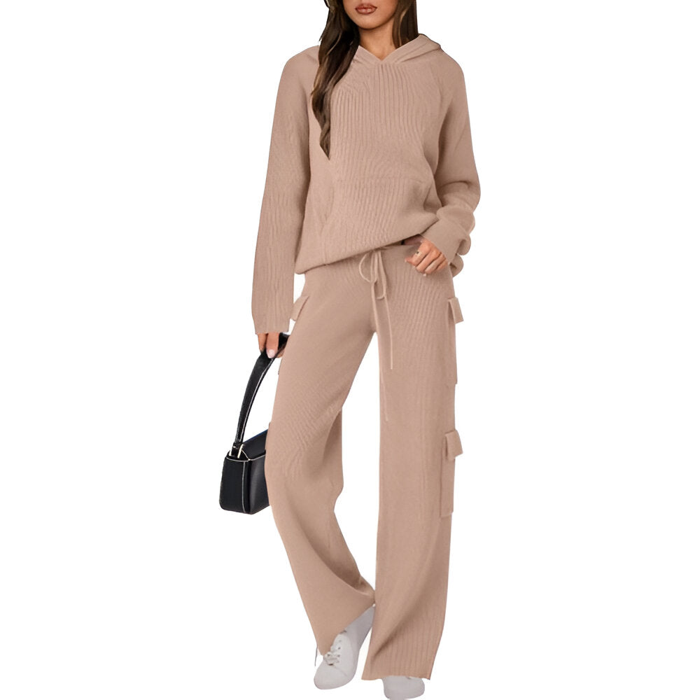 Casual Knit Hooded Top And Pants Set-My Comfy Blouse