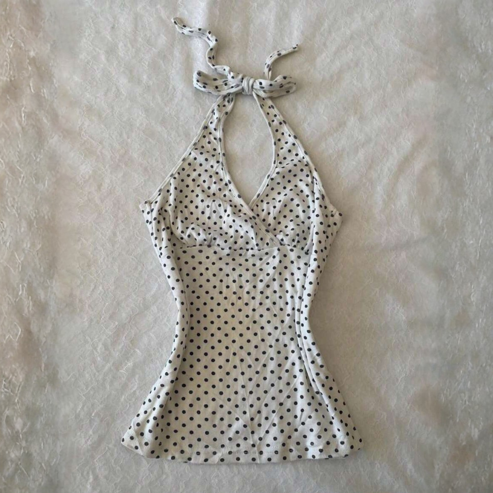 Polka Dot Digital Print Halter Neck Tie Back Tank Tops