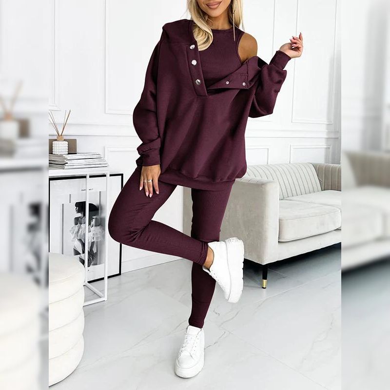Casual Snap Buttoned Hoodie And Legging Three Piece Set-My Comfy Blouse