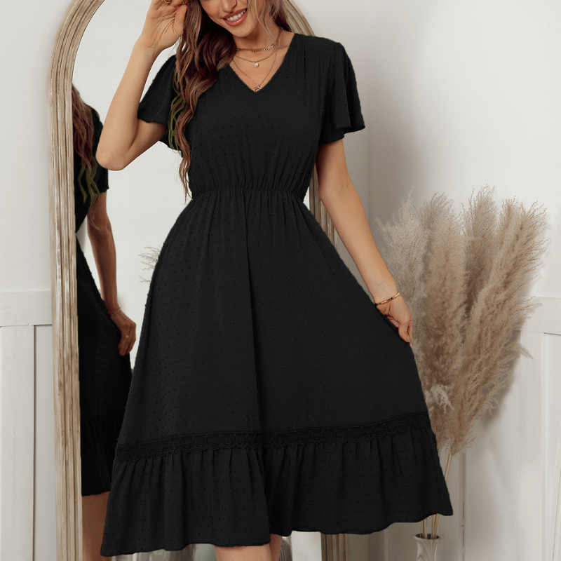 Ruffled Laced Hem Dot Maxi Dress-My Comfy Blouse