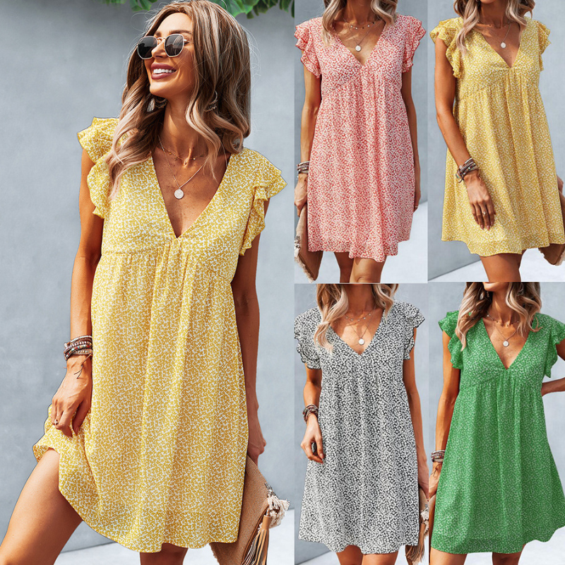 Frill Short Sleeves Knee Length Deep V-neck Casual Dress-My Comfy Blouse