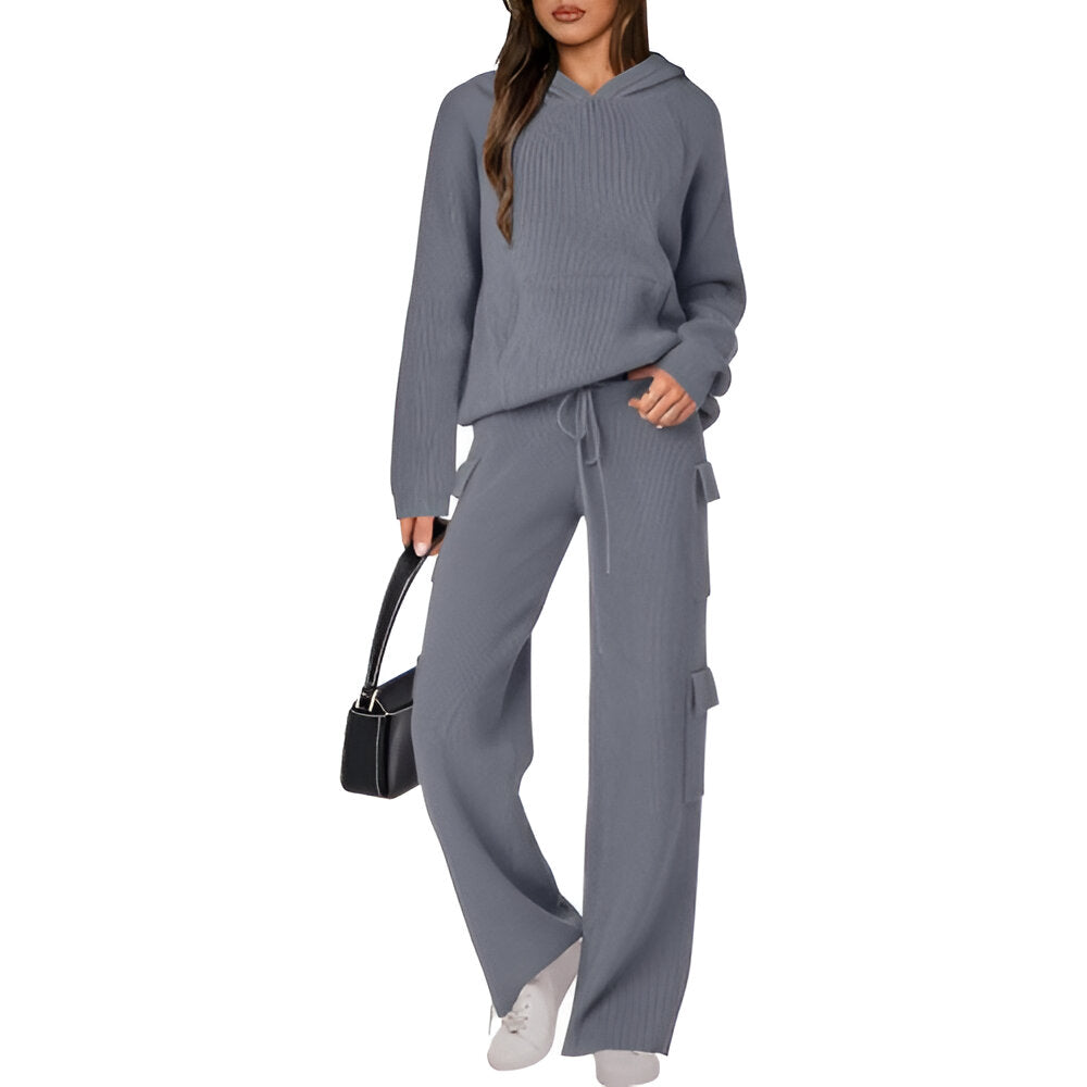 Casual Knit Hooded Top And Pants Set-My Comfy Blouse