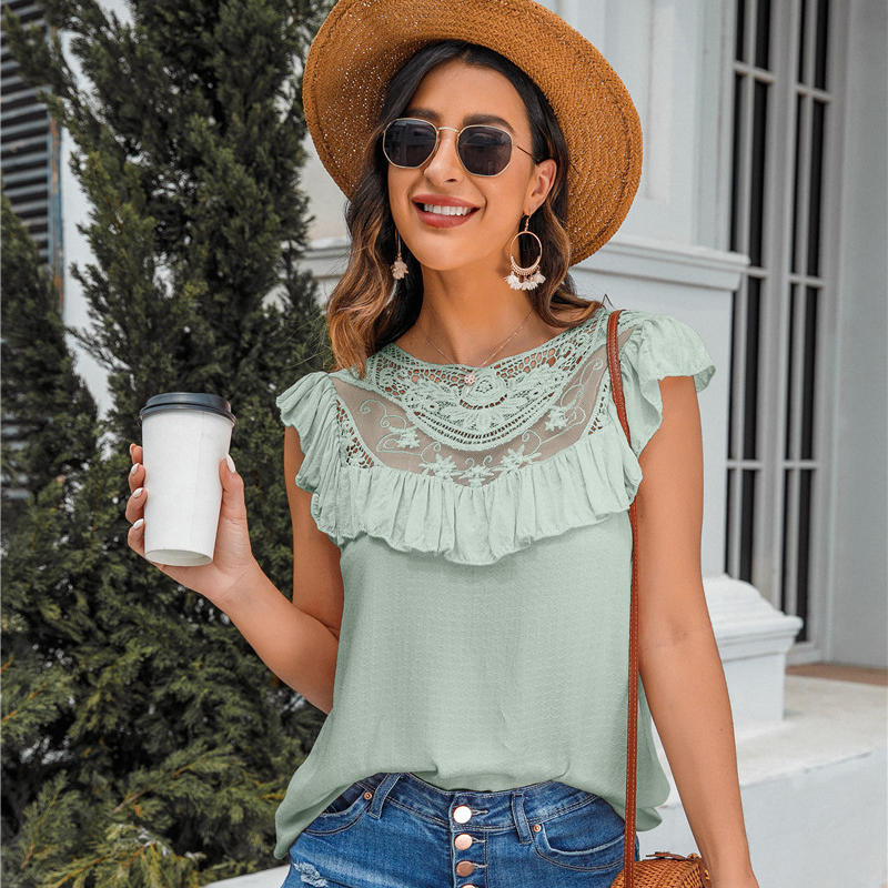 Flounce Lace Neck Design Sleeves Less Blouse-My Comfy Blouse