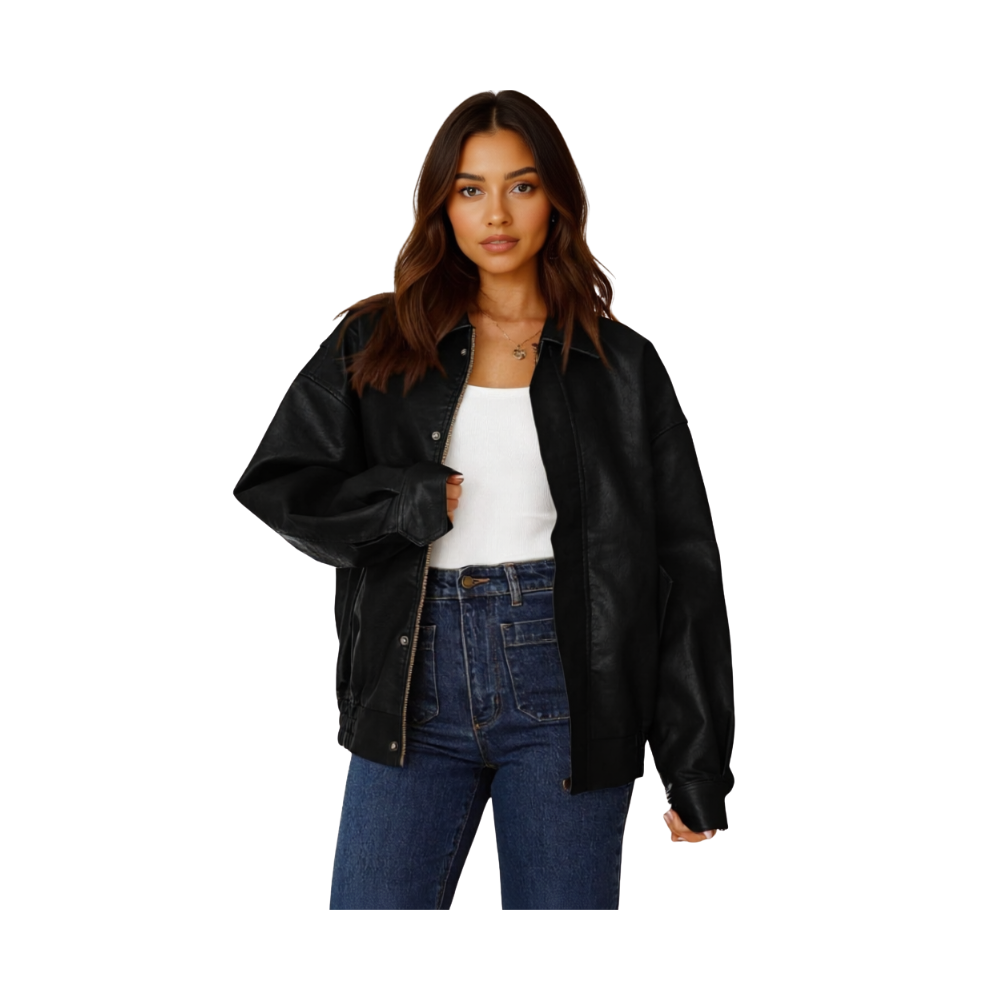 Oversized Faux Leather Motorcycle Jacket For Women