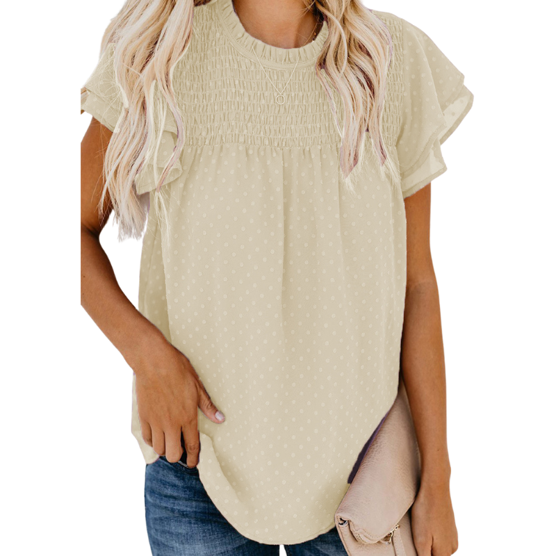 Flounce Cap Sleeves Dot Print Blouse-My Comfy Blouse