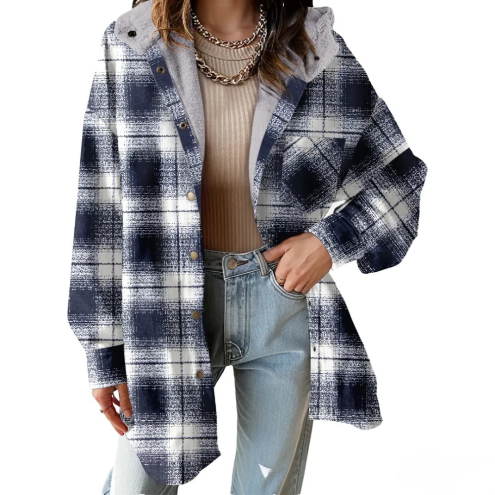 Casual Button Down Plaid Fleece Jacket With Hood For Women