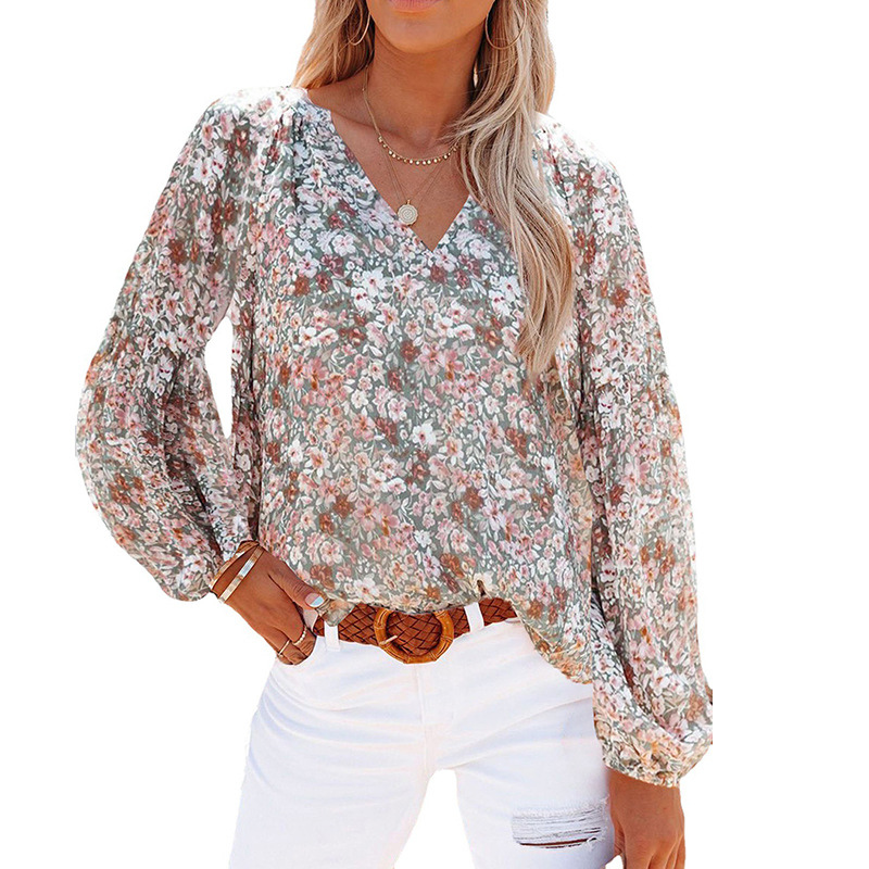 Floral Print Lantern Sleeves Shirt-My Comfy Blouse