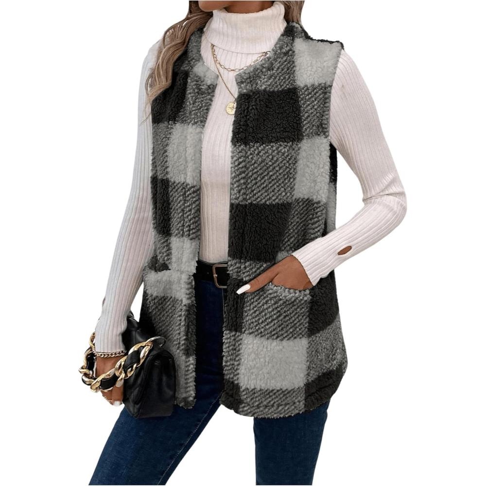 Plaid Sleeveless Open Front Jacket-My Comfy Blouse