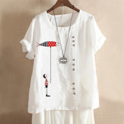 Fish Patch Button Summer Blouse