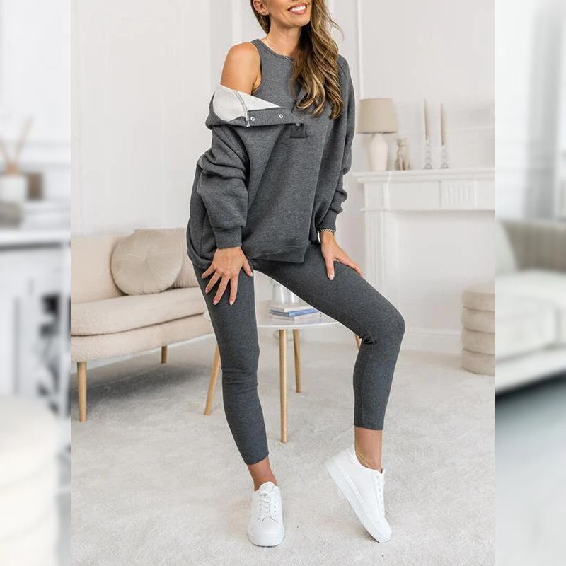 Casual Snap Buttoned Hoodie And Legging Three Piece Set-My Comfy Blouse