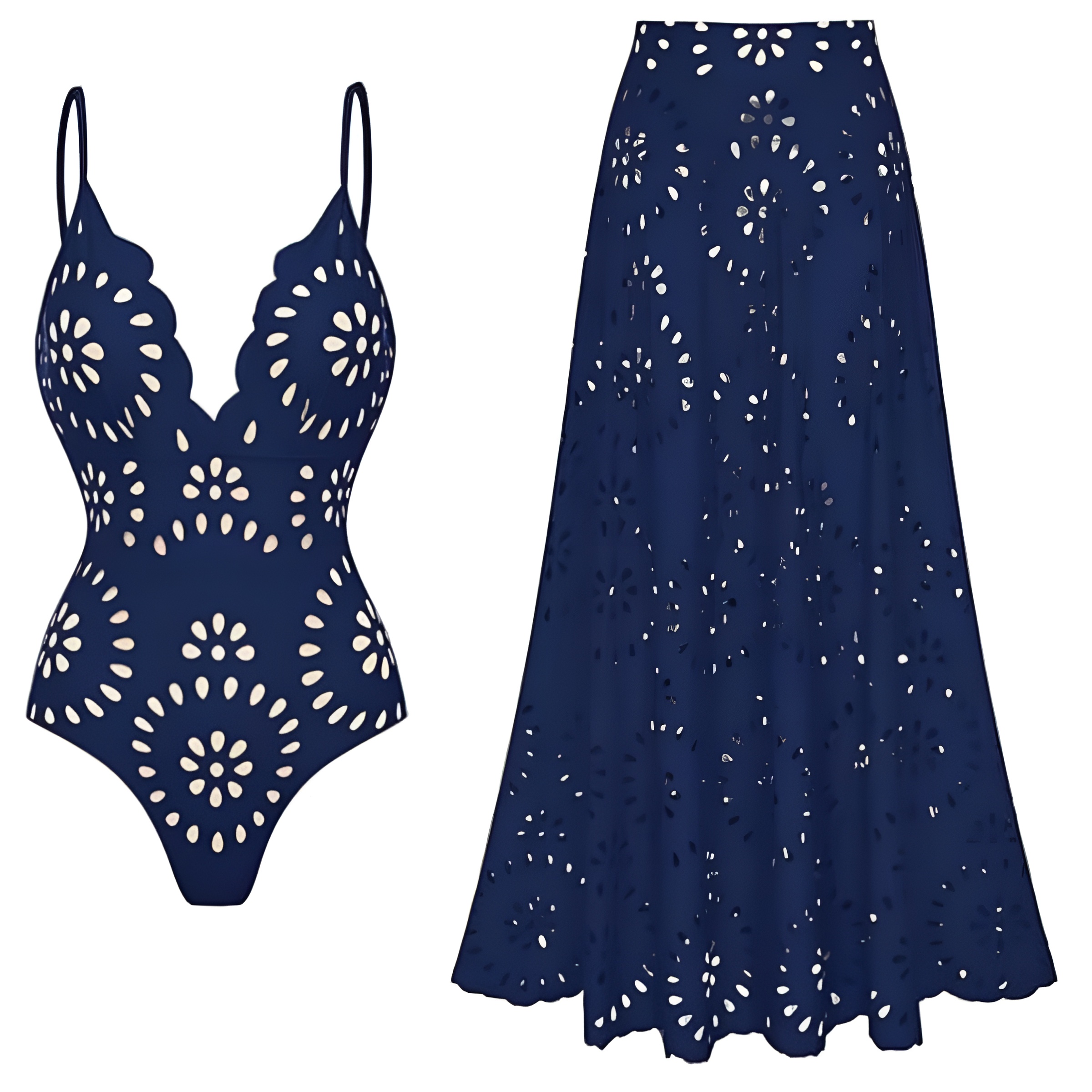 Hollow Design One Piece Swimsuit With Skirt For Women