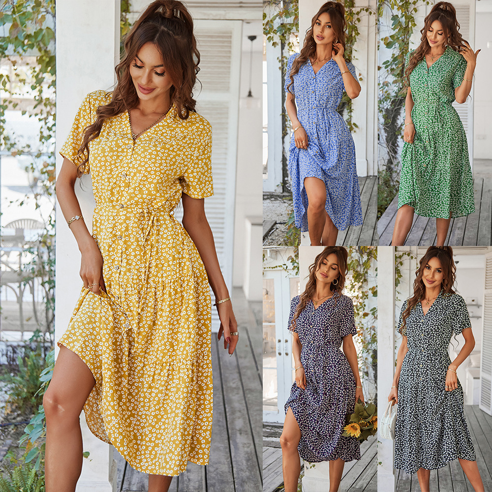 V-Neck Waist Belt Floral Print Maxi Dress-My Comfy Blouse