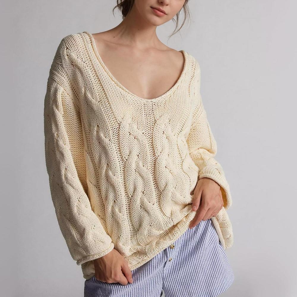 Oversized Cable Knit Pullover With Textured Design-My Comfy Blouse