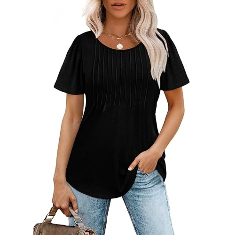 Pleated Casual Top With Scoop Short Sleeve Summer Blouse-My Comfy Blouse