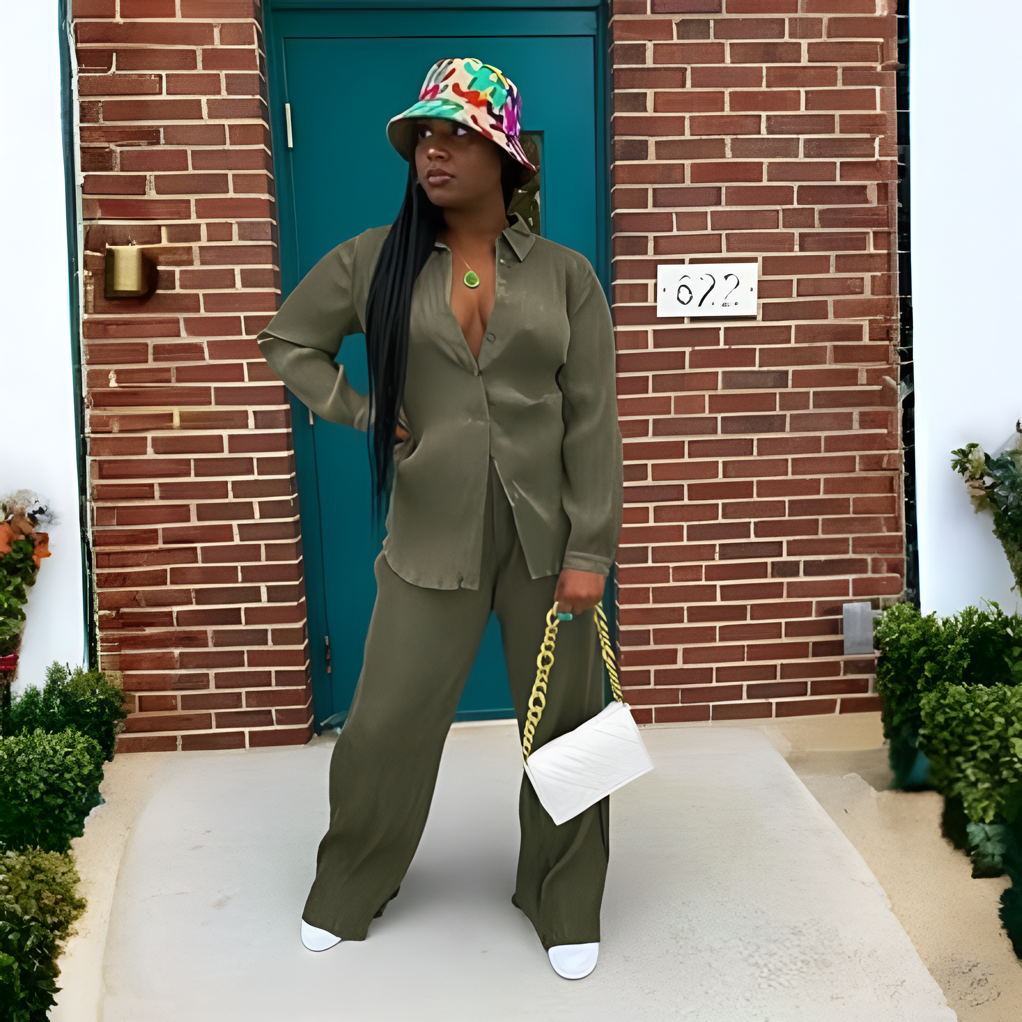 2 Piece Button Down Shirt And Pleated Pants Set For Women