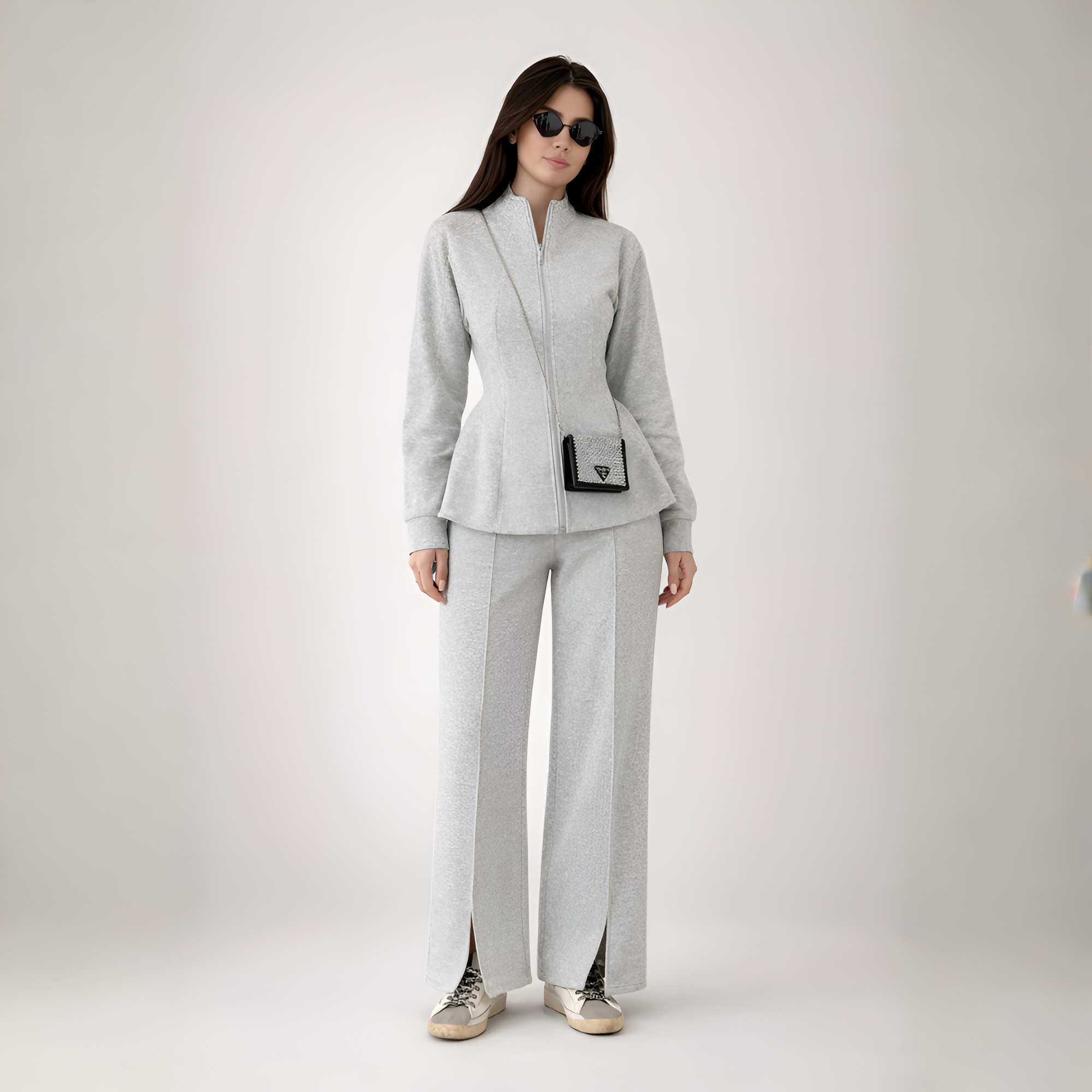Two Piece Suit Set With Zip Up Jacket For Women
