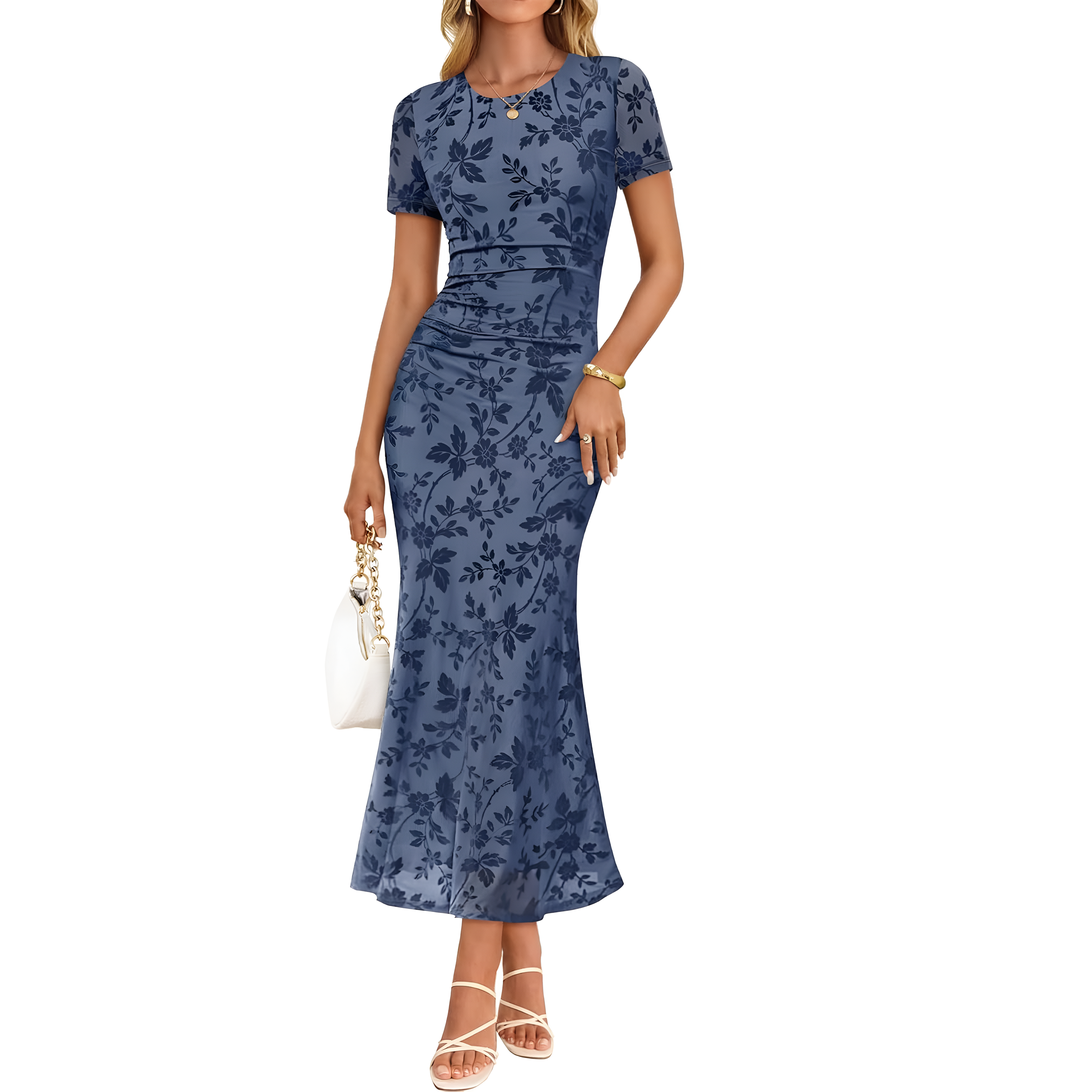 Summer And Floral Ruched Mesh Bodycon Maxi Dresses For Women