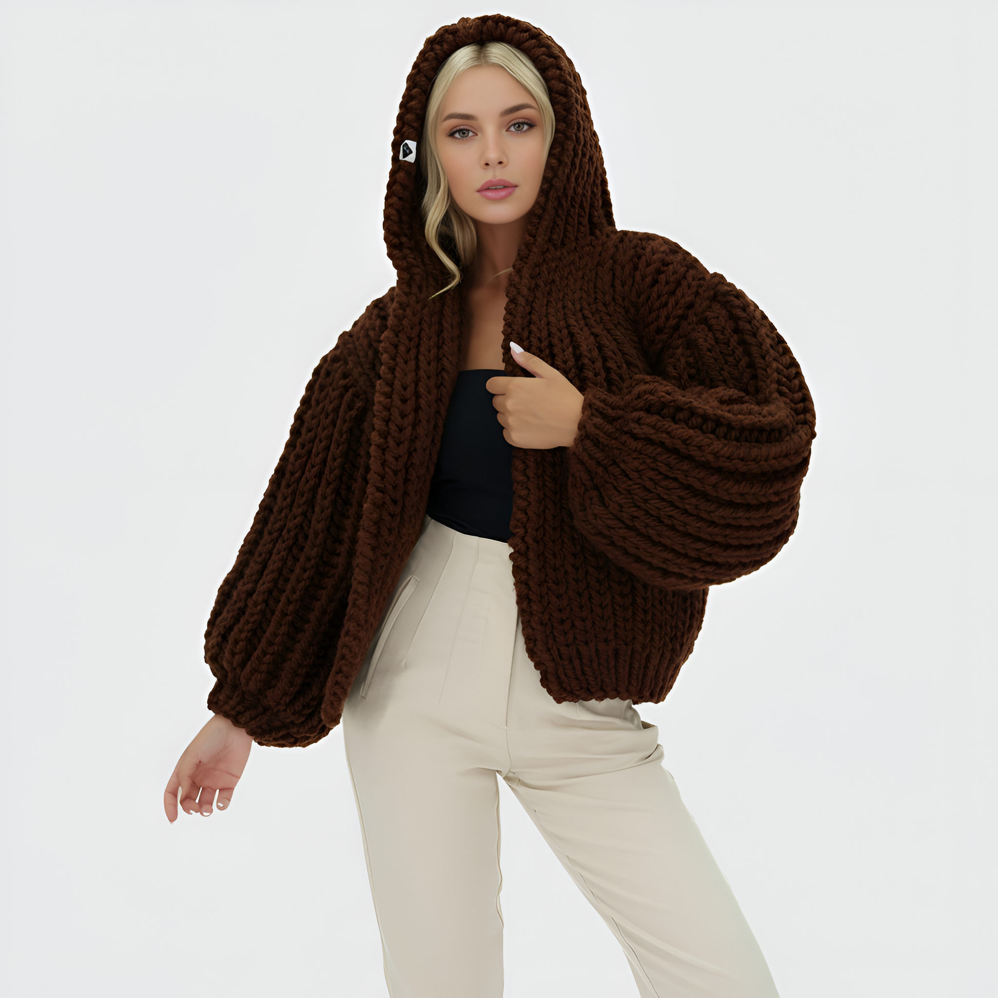 Oversized Cable Knit Hooded Open Front Cardigan For Women
