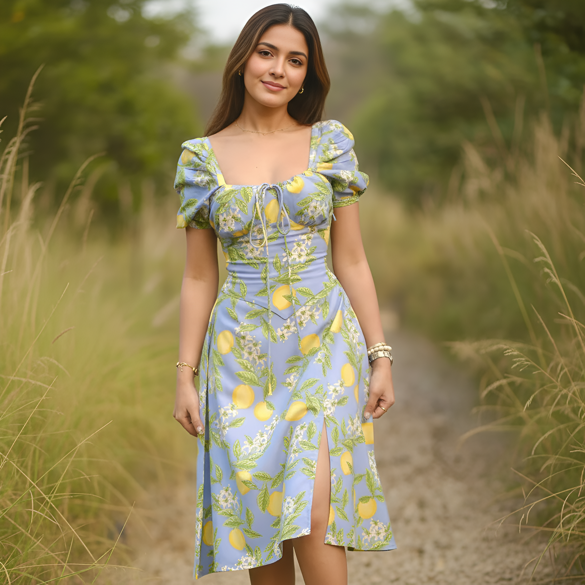 Lemon Printed Midi Dress With Puff Sleeve Detail For Women